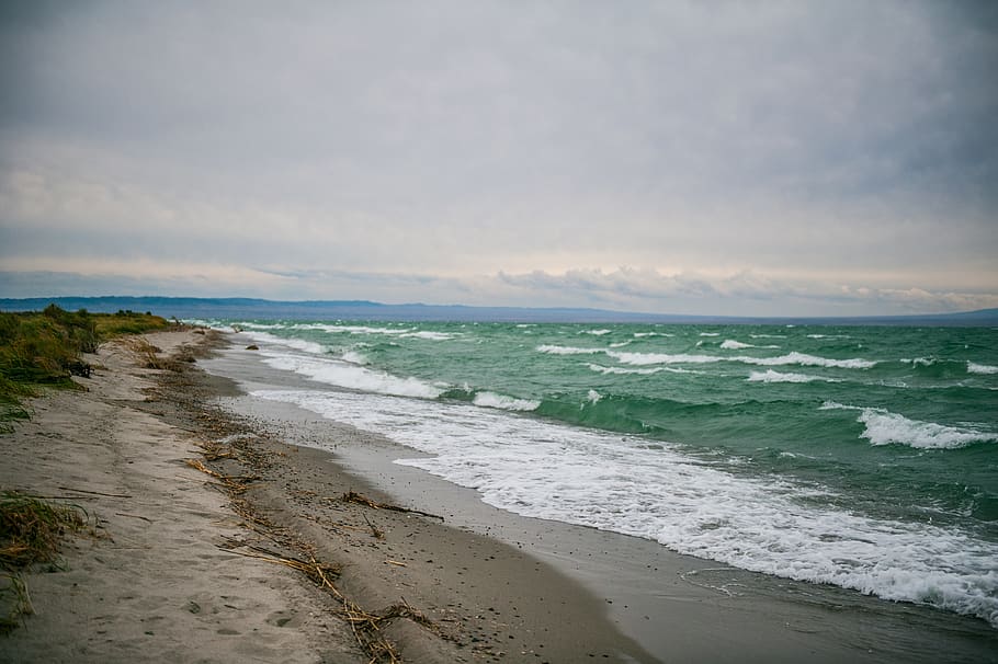lake, wave, cloud, green, nature, beautiful, lakeside, sea HD wallpaper