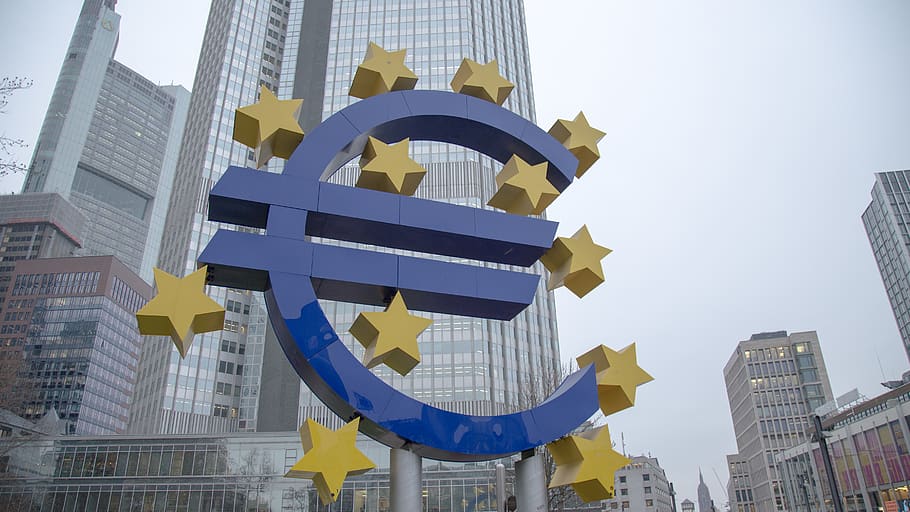 blue euro sign with yellow stars landmark, building, office building, HD wallpaper