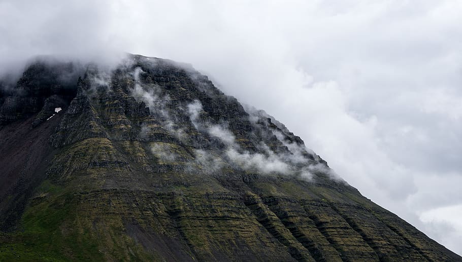 brown mountain with smoke, iceland, nature, outdoors, ísafjörður