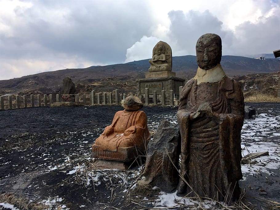 japan, aso, volcano, human representation, cloud - sky, sculpture HD wallpaper