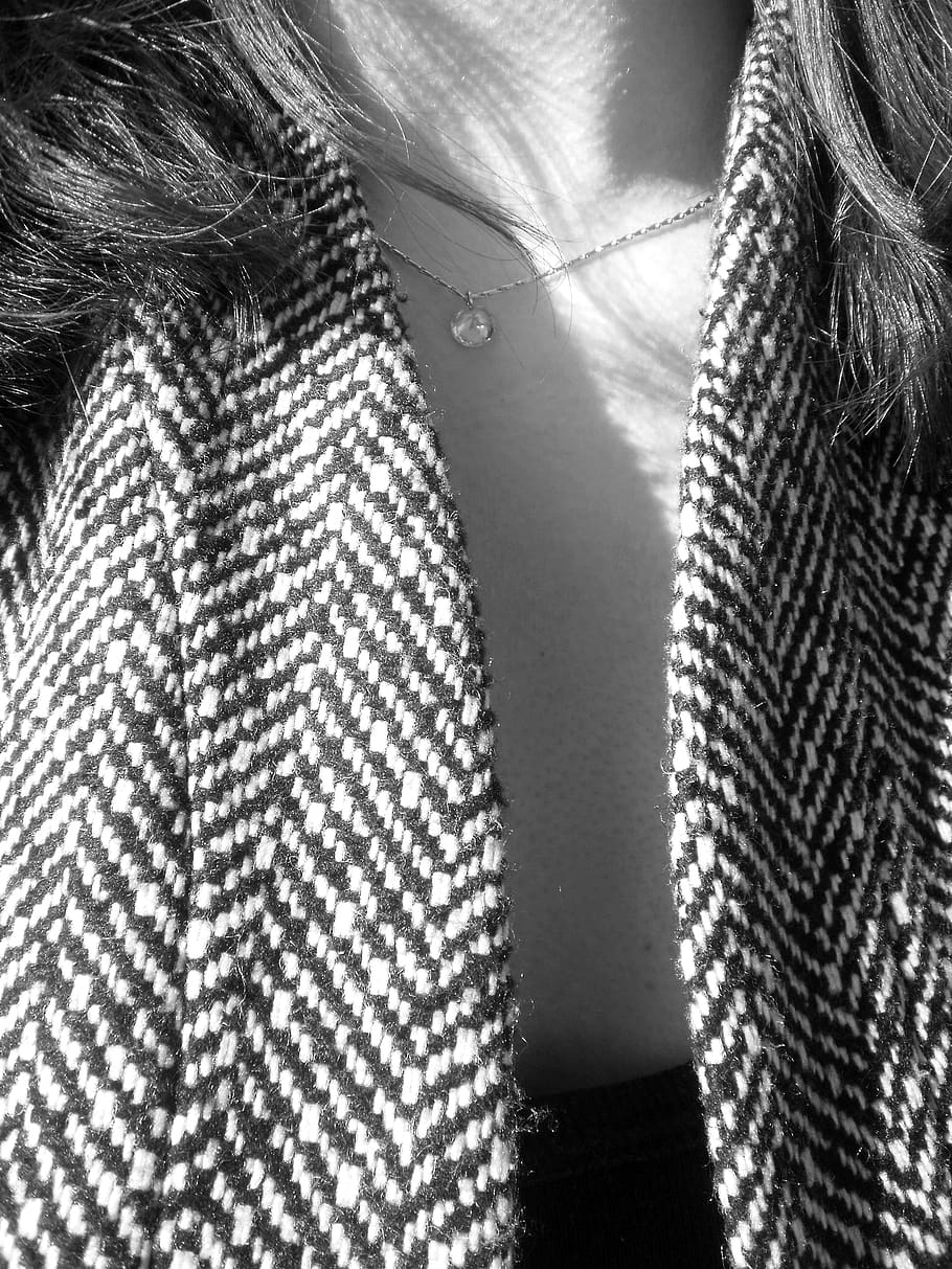 blackandwhite, necklace, coat, one person, human body part HD wallpaper