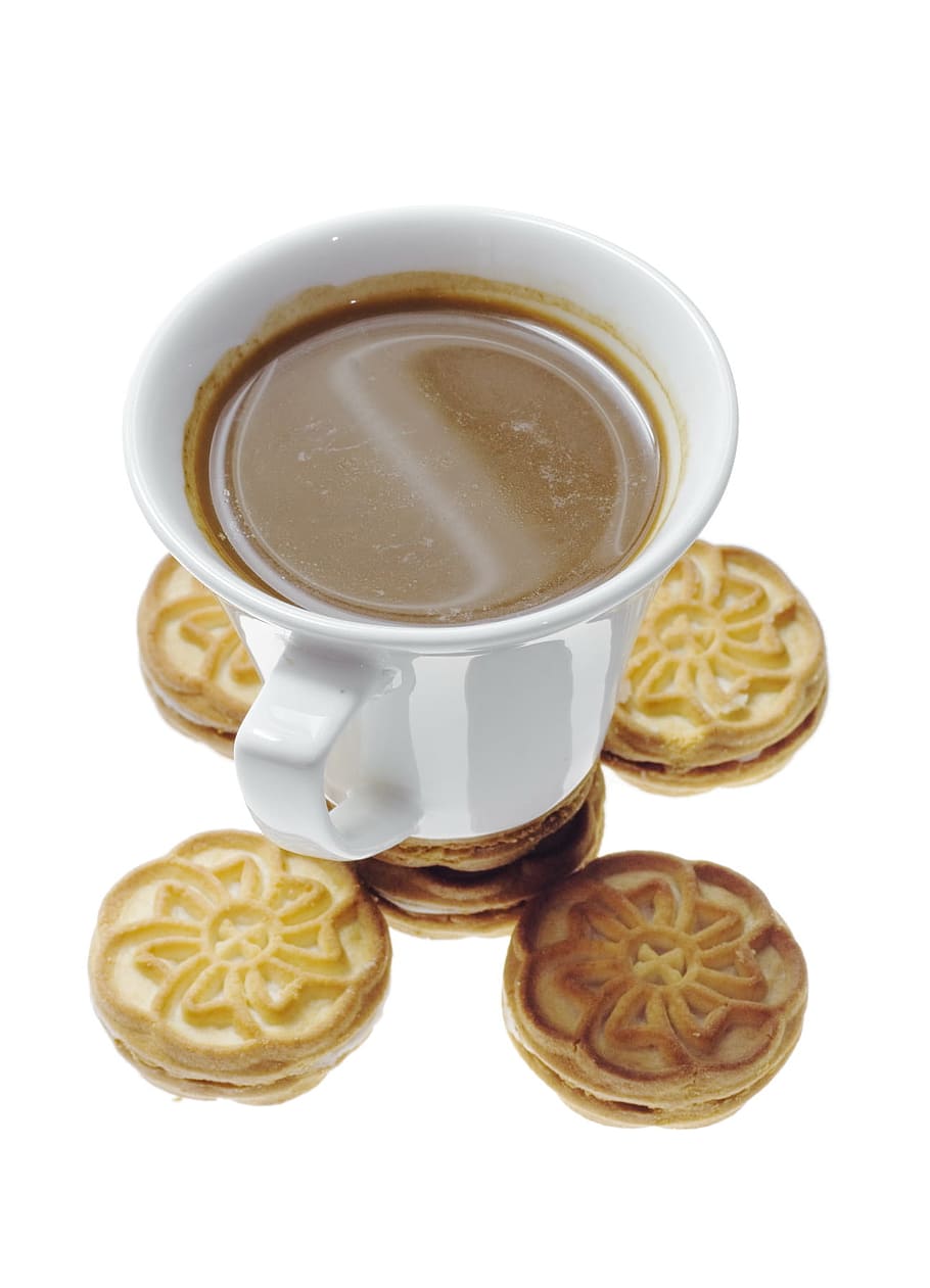 cookie, close-up, coffee, cup, drink, food, glass, isolated HD wallpaper