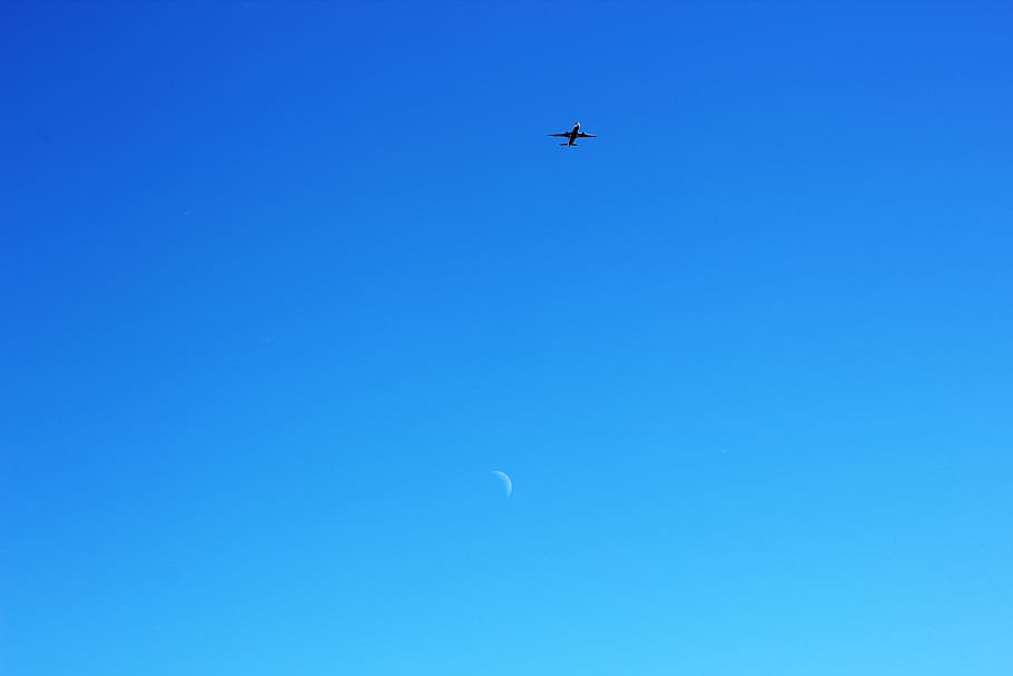 airplane, sky, blue, moon, flight, flying, jet, airline, blue sky HD wallpaper