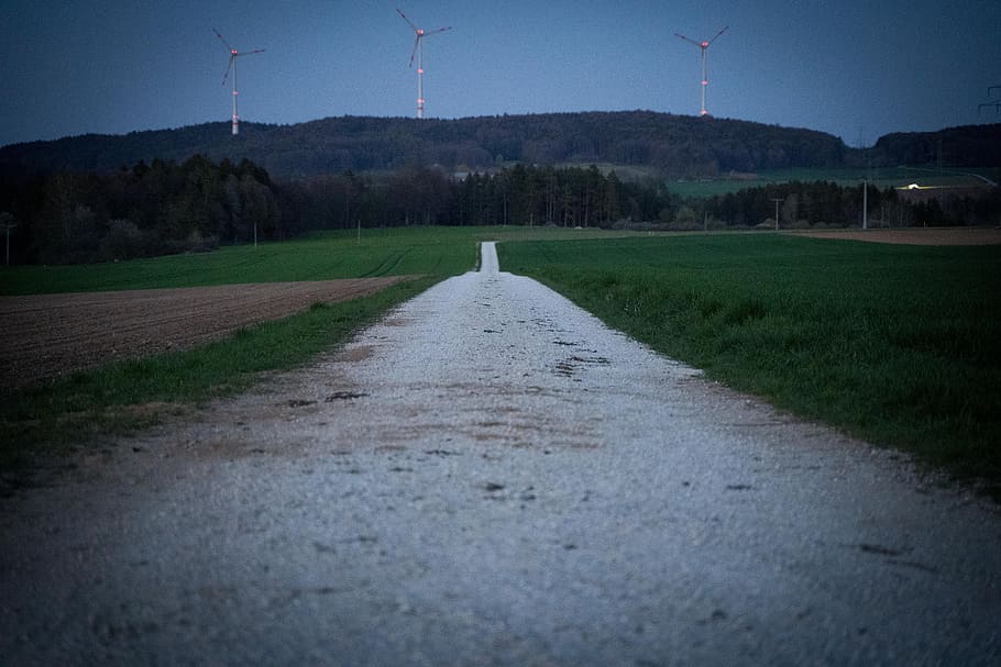 away, twilight, full moon, road, gravel road, gloomy, sunset HD wallpaper