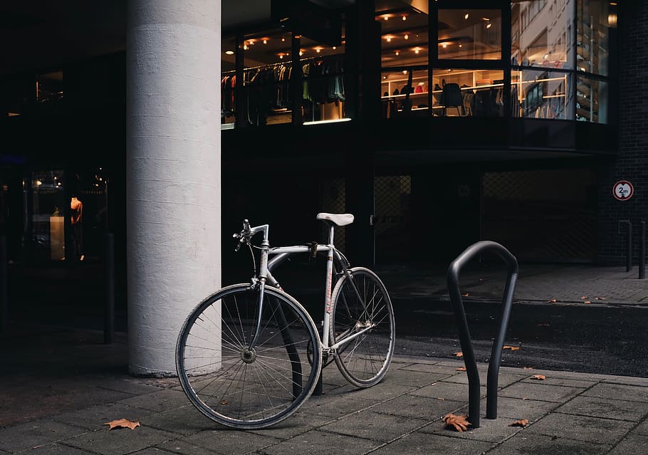 parked grey bike, machine, wheel, bicycle, transportation, vehicle HD wallpaper