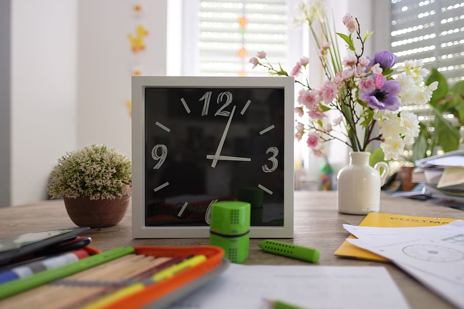 time, clock, pointer, clock face, school, learn, homework, desk, HD wallpaper