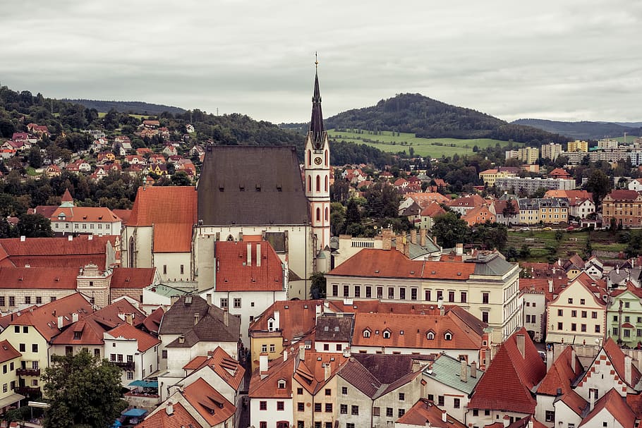 above, baroque, bohemia, cesky, cesky krumlov, church, city, HD wallpaper