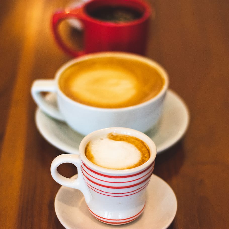 Two White Mugs Filled With Latte, beverage, blur, brown, caffeine HD wallpaper