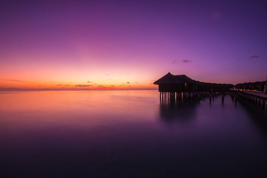 silhouette of house, water, waterfront, port, dock, pier, maldives, HD wallpaper