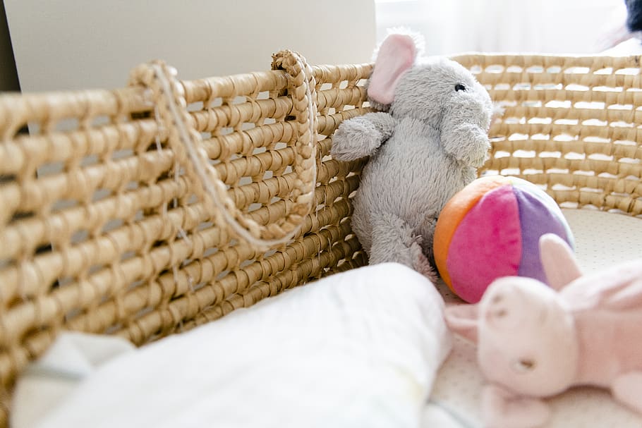 White and Brown Bear Plush Toy, baby basket, ball, childhood, HD wallpaper