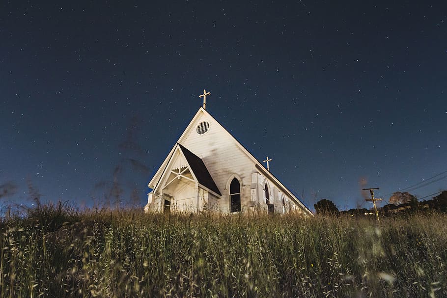 green, grass, farm, field, architecture, church, stars, sky HD wallpaper