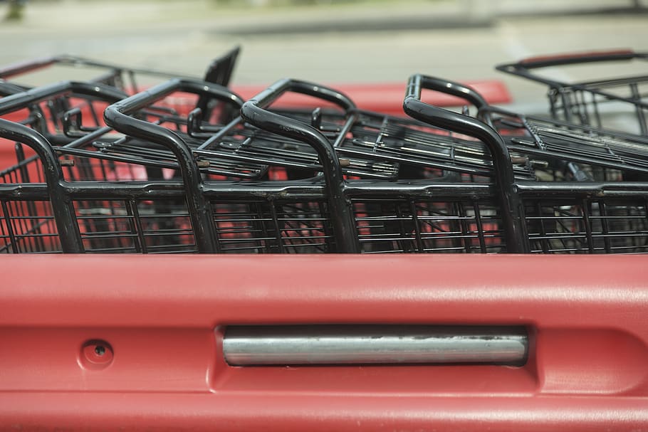 shopping, cart, buggy, metal, close-up, no people, red, shopping cart HD wallpaper