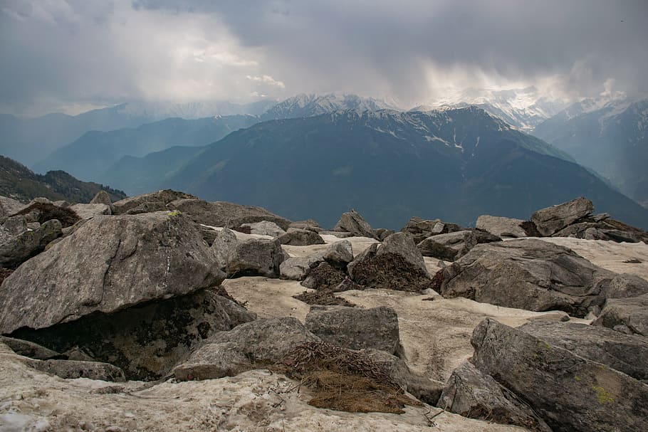 Gray Rocks in Front of Mountain, clouds, cold, daylight, daytime HD wallpaper