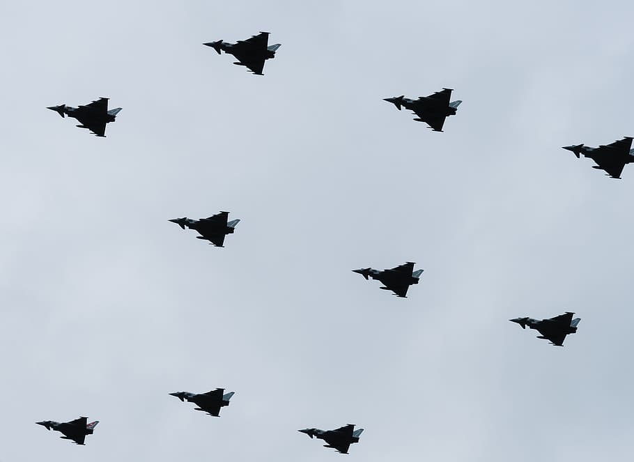 fighter planes on flight, united kingdom, london, grey, group of animals HD wallpaper