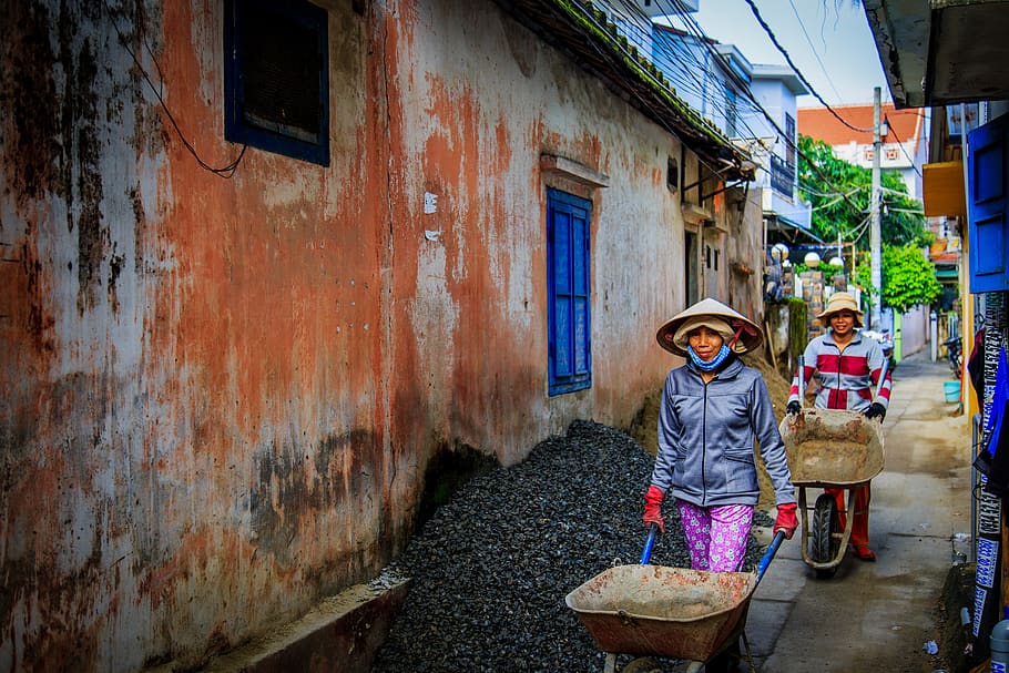 two women walking beside orange house, person, people, vietnam, HD wallpaper