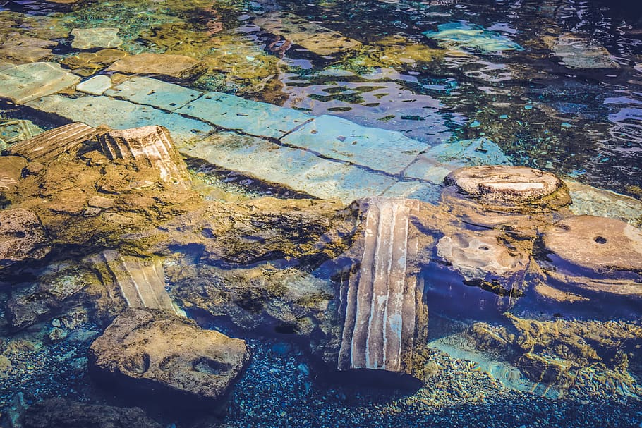 beige concrete pillars, water, no people, high angle view, nature HD wallpaper