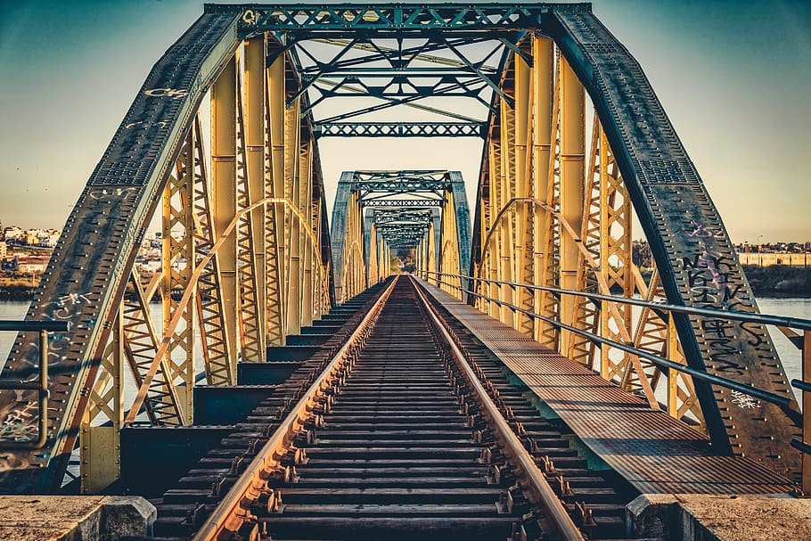 bridge, railroad, sunset, dusk, railway, transportation, rails HD wallpaper