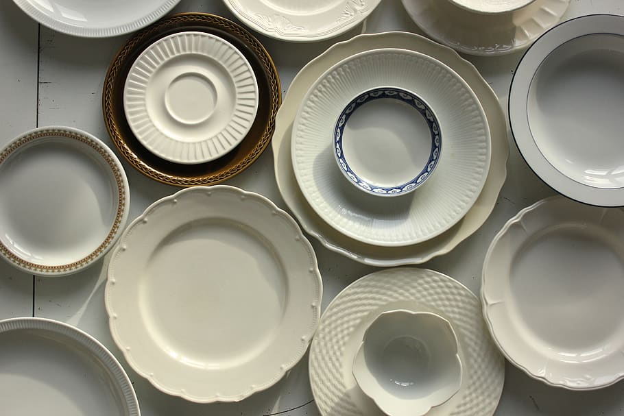 assorted-color ceramic dinnerware set, saucer, pottery, food HD wallpaper