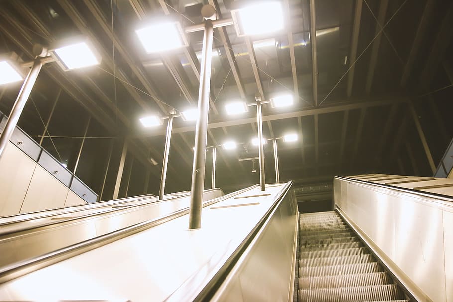 Subway escalators evening, illuminated, lighting equipment, architecture, HD wallpaper