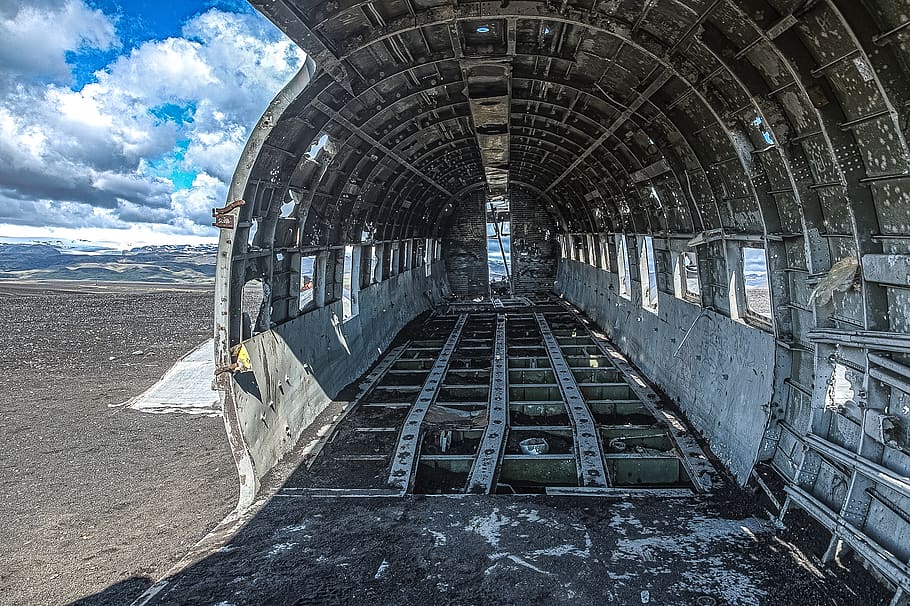 Gray Ship Interior, abandoned, aircraft, clouds, daylight, empty HD wallpaper