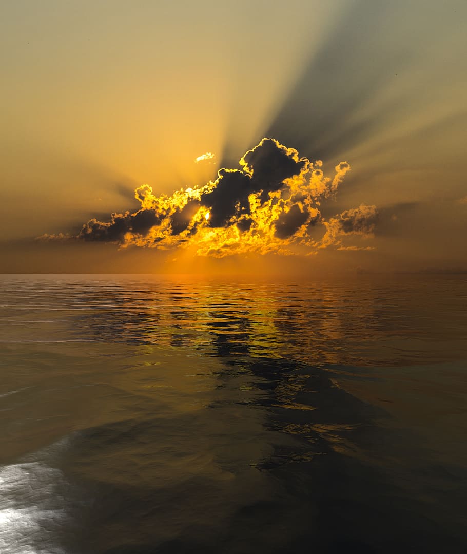 sky, reflection, sunset, water, landscape, clouds, nature, evening HD wallpaper