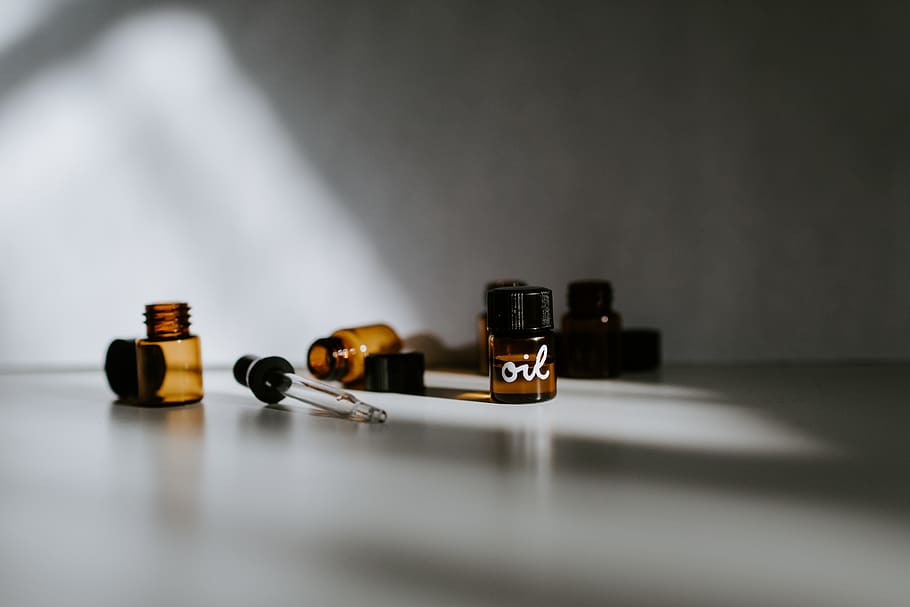 brown glass bottle, desk, office, oils, wellness, container, sun HD wallpaper