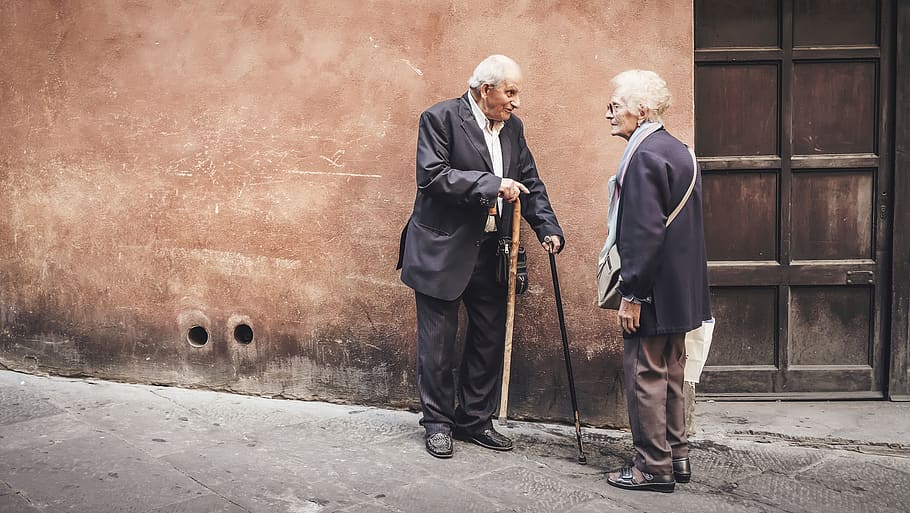 people, old, elderly, man, woman, talking, outside, house, door HD wallpaper