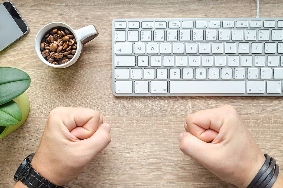 Person Near Apple Keyboard and Cup With Coffee Beans, bracelet HD wallpaper