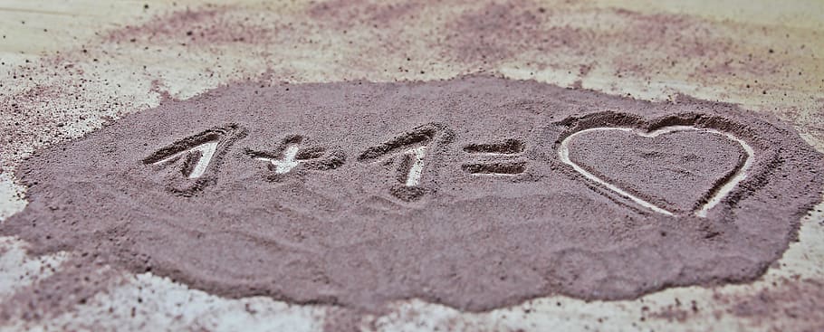 1 + 1 = Heart in Sand, background, background image, beach, couple HD wallpaper