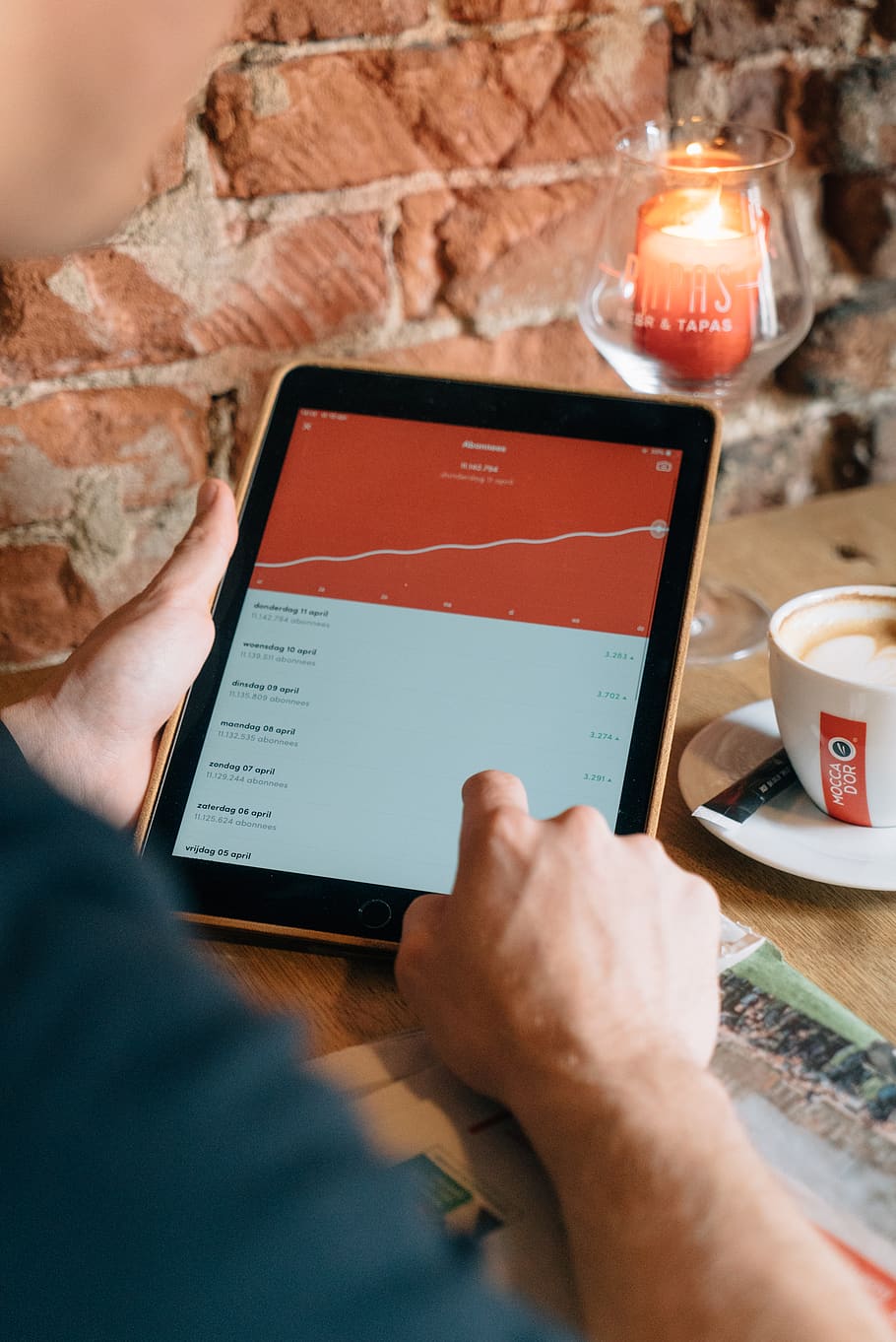 person using turned-on space gray iPad, human, coffee cup, electronics HD wallpaper