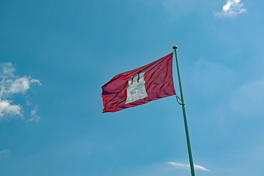 hamburg, flag, red, hamburger, symbol, patriotism, sky, low angle view HD wallpaper