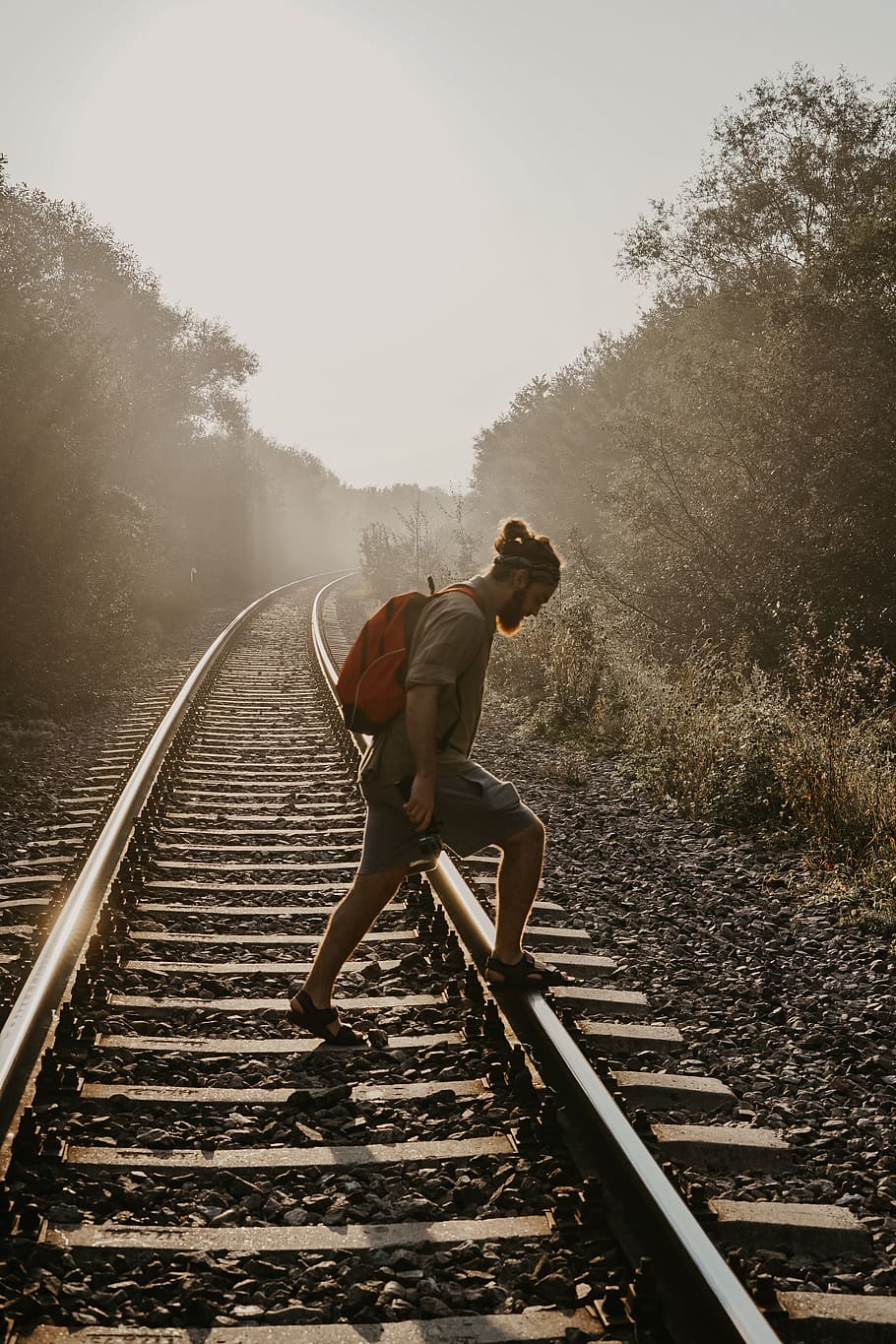 man overpassing train rail, transportation, train track, railway HD wallpaper