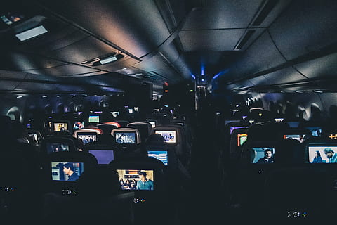 turned-on headrest monitors, passenger, entertainment, plane HD wallpaper