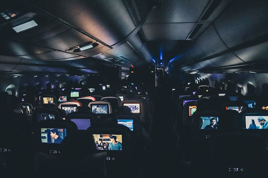 turned-on headrest monitors, passenger, entertainment, plane HD wallpaper