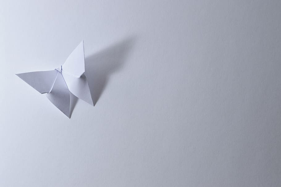 origami, butterfly, leaf, paper, bent, white, shadow, approach, HD wallpaper