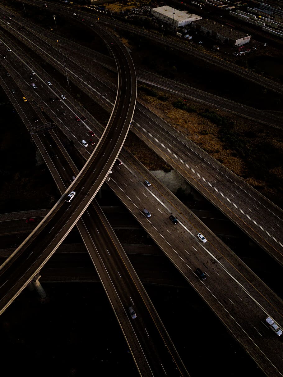 bird's-eye view of roadways, drone, highway, structure, highway road HD wallpaper
