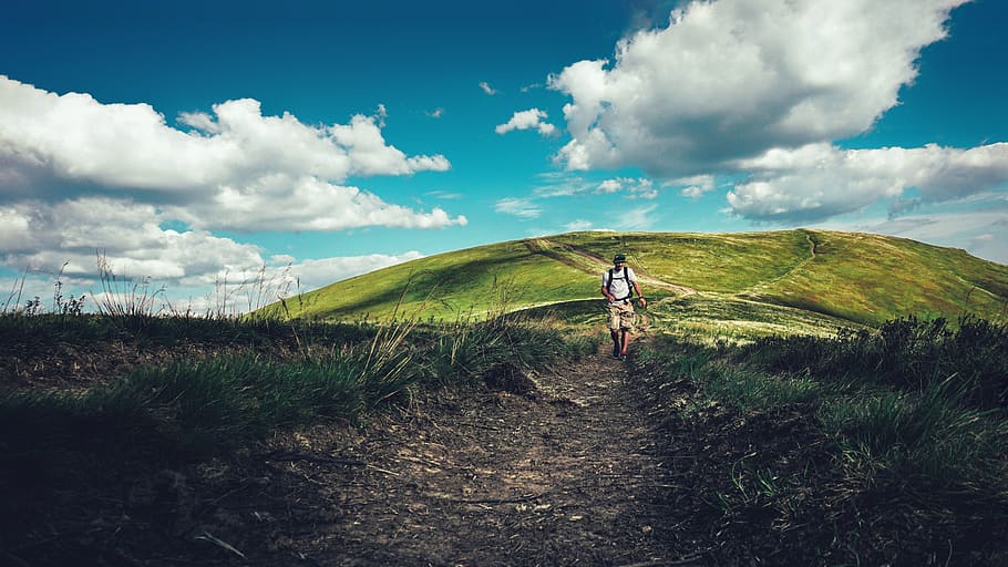 man walking along trail, outdoors, person, human, nature, field HD wallpaper
