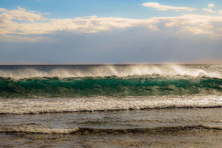 sea, sky, clouds, wave, nature, sunlight, sunbeam, afternoon HD wallpaper