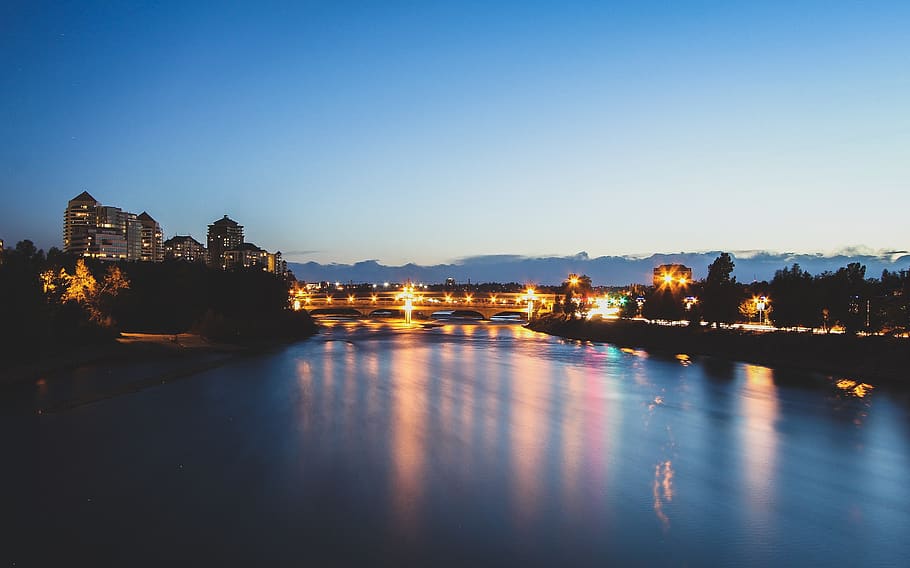 canada, calgary, city, bridge, sky, blue, river, water, colour HD wallpaper