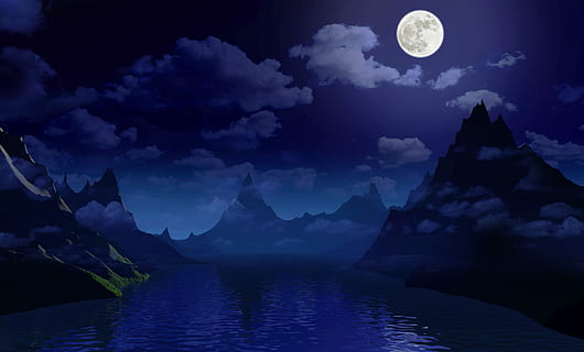 night, moon, light, sky, dark, landscape, fantasy, water, reflection HD wallpaper
