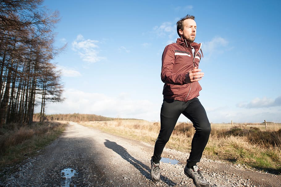 people, man, exercise, jogging, sport, run, road, green, grass HD wallpaper