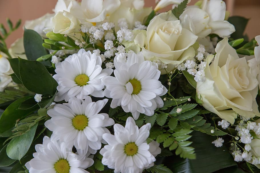 flowers, bouquet, rouwboeket, romantic, funeral, white roses, HD wallpaper