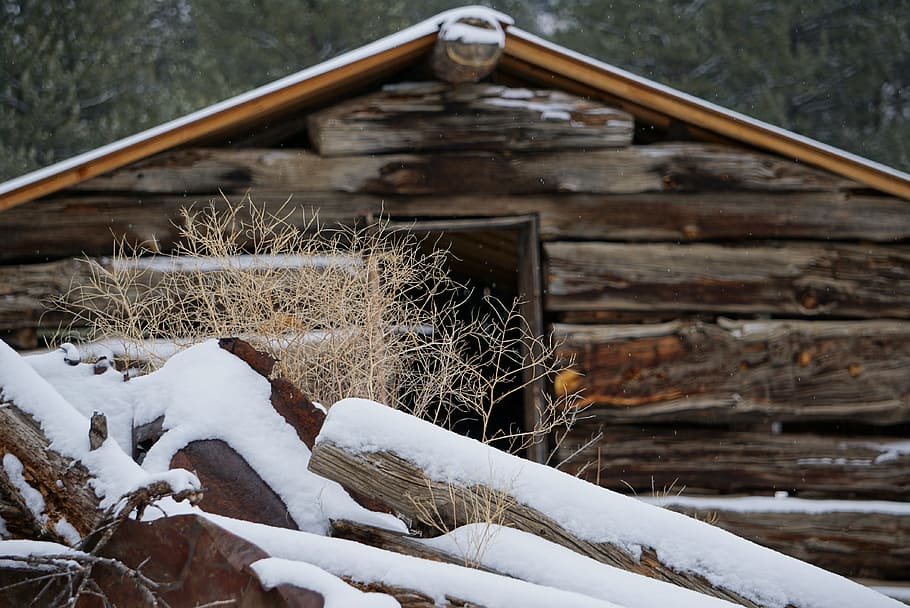 Brown Log Covering With Snow, abandoned, barn, cabin, cold, daylight HD wallpaper