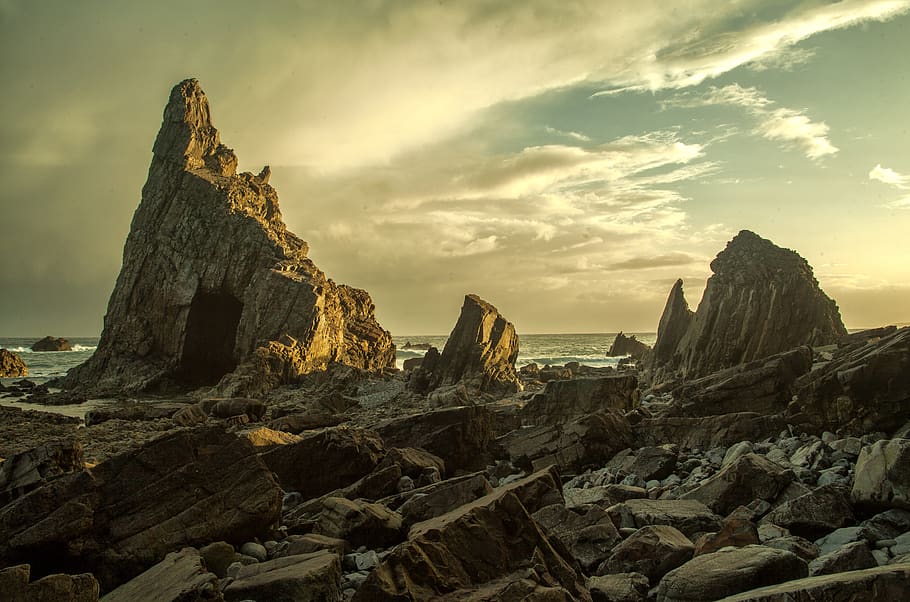 brown rock formation, sky, rock - object, solid, cloud - sky HD wallpaper