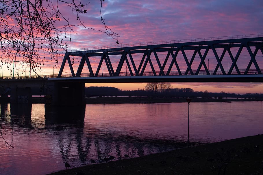 sunset, bridge, landscape, water, twilight, river, built structure HD wallpaper
