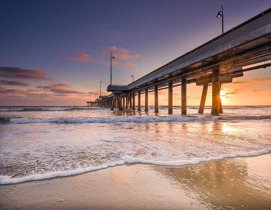 White Bridge on White Body of Water, beach, dawn, ocean, pier HD wallpaper