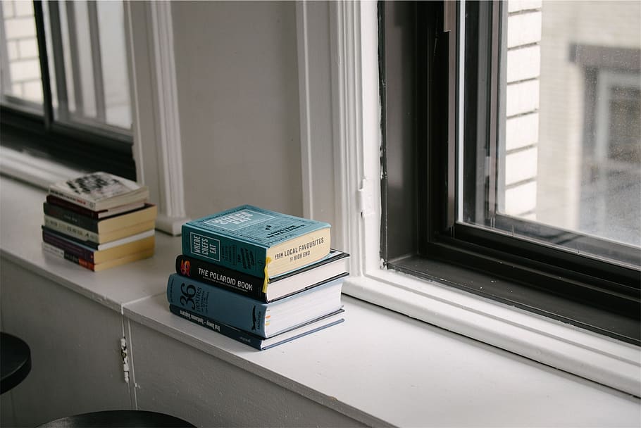 Stack of Books Near Glass Window, architecture, contemporary, HD wallpaper