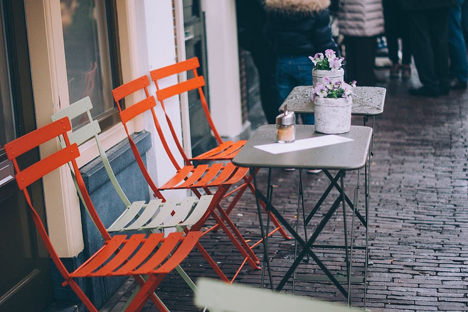orange and white bench, chair, seat, table, day, wood - material HD wallpaper