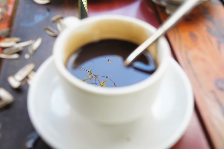 coffee cup, pottery, saucer, cutlery, spoon, drink, beverage HD wallpaper