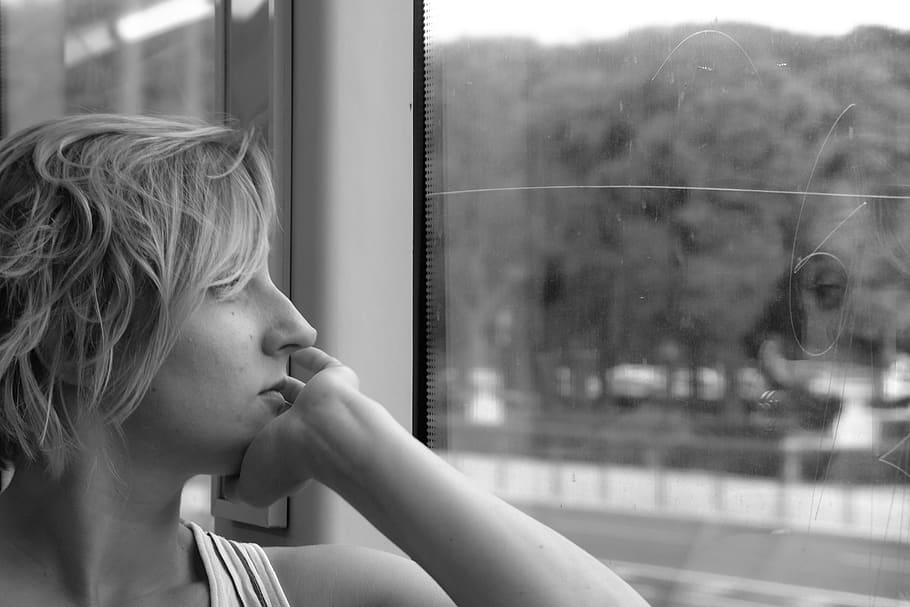 woman looking at window, human, person, girl, finger, blonde HD wallpaper